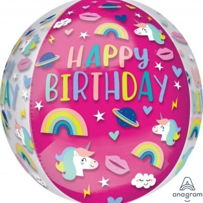 Balão rosa redondo com texto 'HAPPY BIRTHDAY' e desenhos coloridos de arco-íris, unicórnios e outros ícones