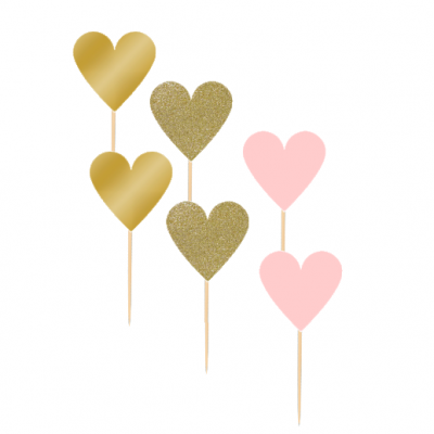 Toppers para bolos em forma de coração dourado, glitter e rosa em palitos de madeira