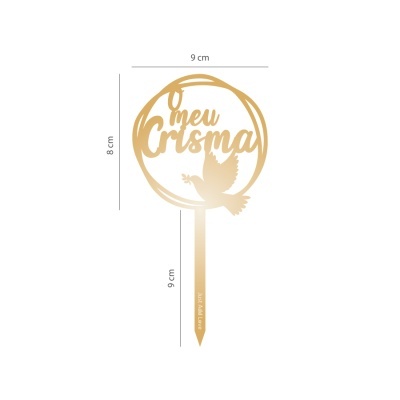 Topo de bolo dourado com texto O meu Crisma e pomba em acrílico.