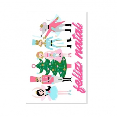 Cartão de Natal ilustrado com personagens de balé e árvore de Natal verde