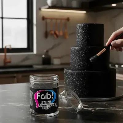 Frasco de brilho alimentício preto Fab! e bolo preto de três andares decorado com brilho em cozinha.