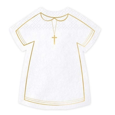 Recorte em forma de vestido branco com textura rendilhada e colar dourado com cruz