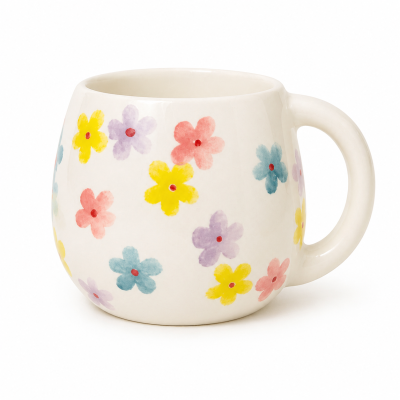 Caneca de cerâmica branca com flores coloridas pintadas e pega arredondada