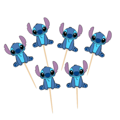 Palitos decorativos com figuras do personagem Stitch em azul e lilás