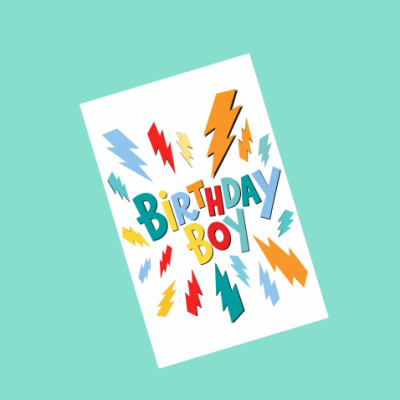Cartão de aniversário com o texto BIRTHDAY BOY e raios coloridos
