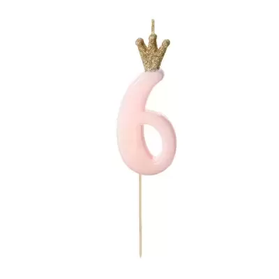 Vela número 6 cor-de-rosa com coroa dourada e palito de madeira