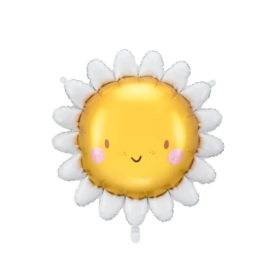 Balão metalizado em forma de flor amarela com pétalas brancas e rosto sorridente