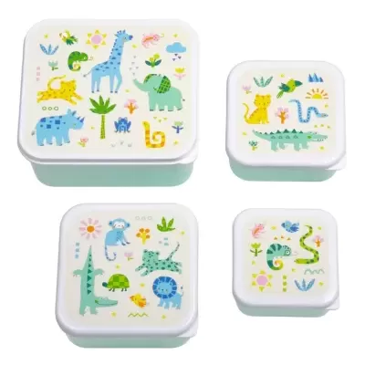Conjunto de quatro caixas verdes com tampas brancas decoradas com animais coloridos
