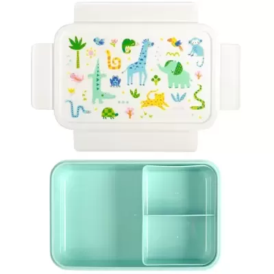 Lancheira de plástico com tampa branca e desenhos de animais coloridos e interior azul claro dividido