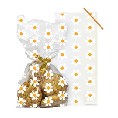 Saco plástico transparente com padrão de flores brancas e laranja e cordão dourado para embalagem