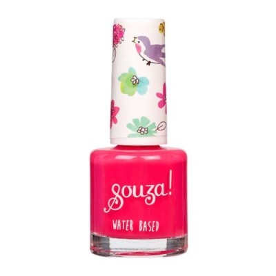 Frasco de verniz de unhas rosa com tampa decorada com flores e pássaros