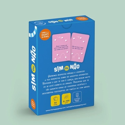 Caixa azul do jogo de cartas SIM OU NÃO com duas cartas cor de rosa e texto explicativo em português.