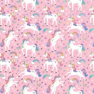 Padrão repetido de unicórnios coloridos com estrelas e arco-íris em fundo rosa