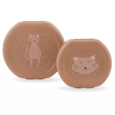 Dois lancheiras de silicone castanho com desenhos de gatos