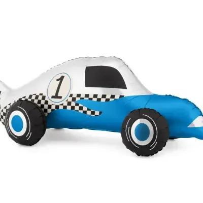 Balão insuflável em forma de carro de corrida azul e branco com padrão xadrez e número 1