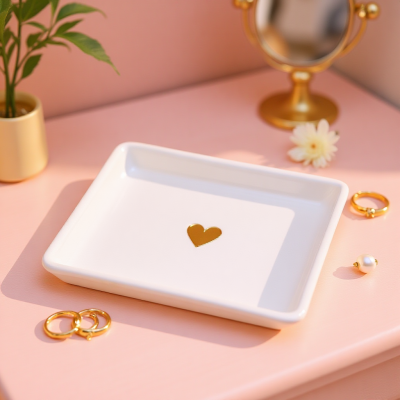 prato cerâmico branco com coração dourado sobre superfície rosa com acessórios dourados e planta