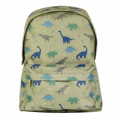 Mochila infantil bege com padrão de dinossauros coloridos
