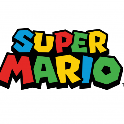 Logotipo colorido da palavra SUPER MARIO em letras maiúsculas