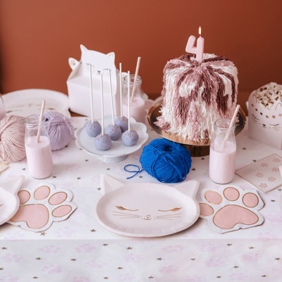 Mesa de festa com decoração temática de gato, pratos, bolas de lã e bolo com vela 4