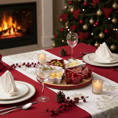 Mesa de Natal decorada com toalha vermelha, uma tábua com petiscos, copos de vinho e velas em ambiente com árvore de Natal e lareira.
