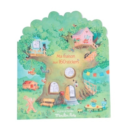 Livro infantil formato árvore com ilustrações e texto em francês