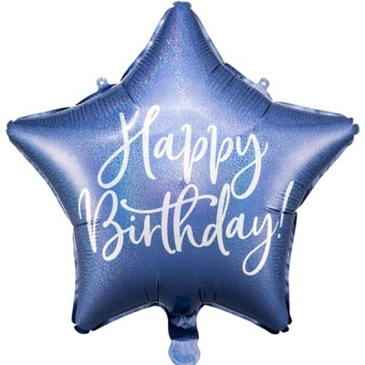Balão azul estrela com texto Happy Birthday