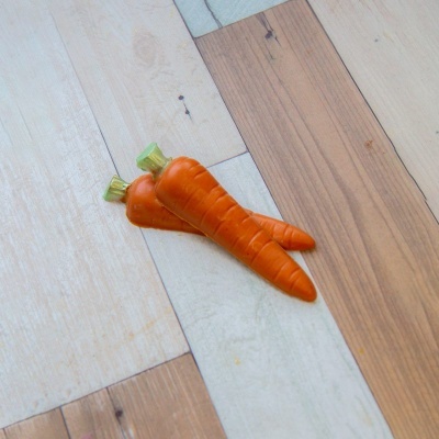 Dois objetos laranja em forma de cenoura com folhas verdes, sobre chão de tábuas de madeira