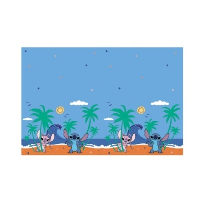 Padrão com personagens Stitch e Angel em cenário tropical azul