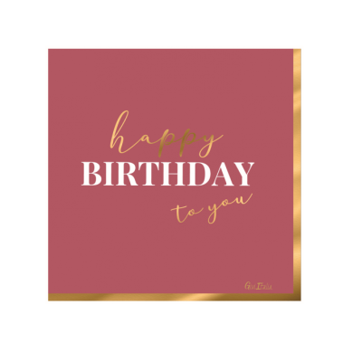 cartão de aniversário rosa escuro com texto em branco e dourado