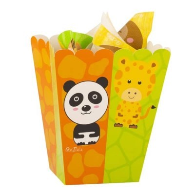 Caixa de papel colorida com ilustrações de panda e girafa