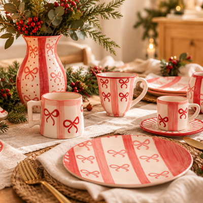 Conjunto de loiça branca com laços vermelhos e riscas em mesa decorada para festa