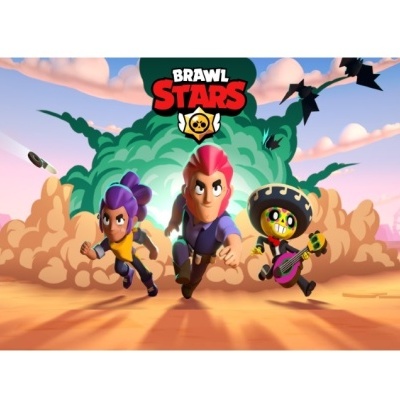Personagens animados do jogo Brawl Stars num deserto com explosão ao fundo e logo do jogo no topo