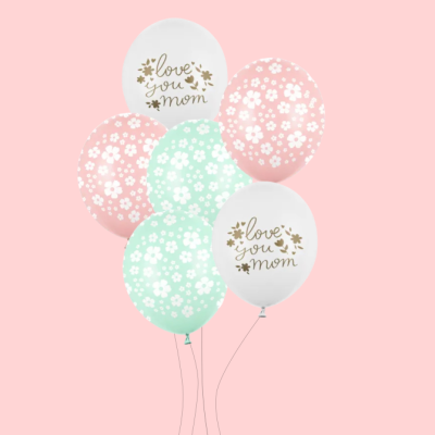 Cinco balões coloridos com texto e padrão de flores para o Dia da Mãe