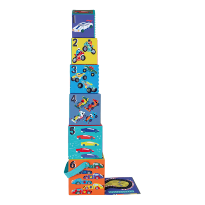 Seis cubos empilhados com imagens de veículos e números coloridos