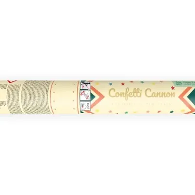 Canon de confettis em tubo cilíndrico bege com estrelas coloridas