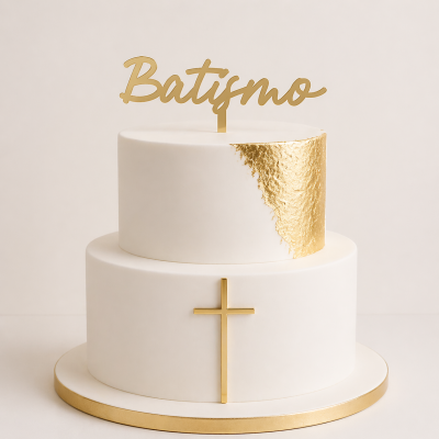 Bolo branco de dois andares com decoração dourada e a palavra Batismo no topo