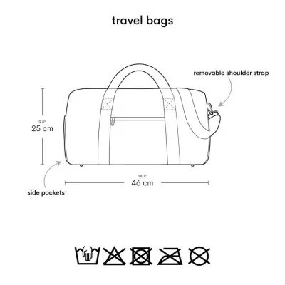 Desenho técnico a preto de mala de viagem retangular com alças e bolsos laterais