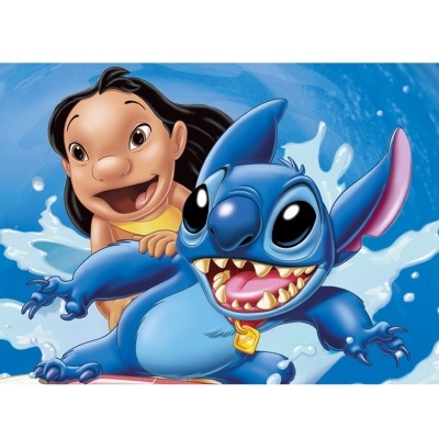 Desenho animado de Lilo e Stitch em fundo azul com água
