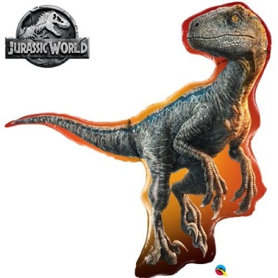 Balão com forma de dinossauro cinzento e azul com logo Jurassic World