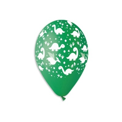 Balão verde com desenhos brancos de dinossauros.