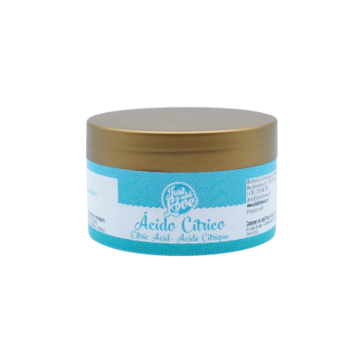 Frasco redondo com tampa dourada e rótulo azul e branco de ácido cítrico