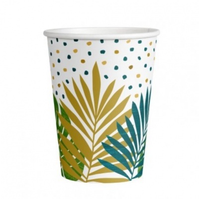 Copo de papel branco decorado com folhas verdes, azuis e douradas e pontos coloridos.