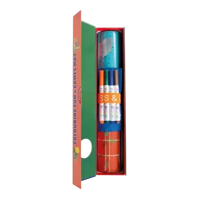 Conjunto de jogo para colorir e jogos com papel enrolado e quatro marcadores coloridos em embalagem verde e laranja