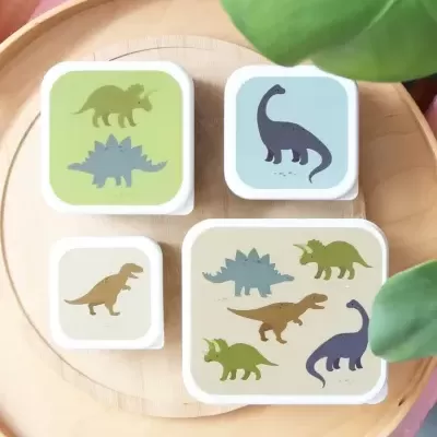 Caixas de plástico com ilustrações de dinossauros coloridos em diferentes tamanhos sobre um tabuleiro de madeira.