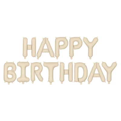 Balões metálicos bege com texto HAPPY BIRTHDAY