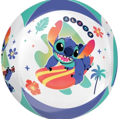 Bola branca e azul com personagem azul e prancha de surf colorida e texto ALLOHA