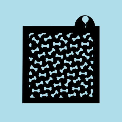 Cobertor preto com padrão de ossos brancos e etiqueta com balão