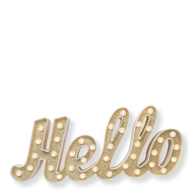 Letreiro decorativo 'Hello' com luzes embutidas e textura brilhante