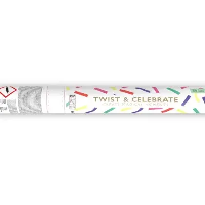Tubo branco com confetes coloridos e texto dourado Twist & Celebrate