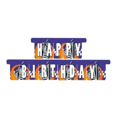 Rolos de fita decorativa azul e laranja com texto 'HAPPY BIRTHDAY'
